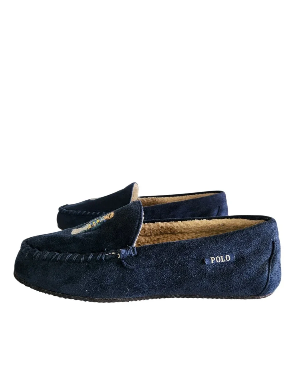 Polo Ralph Lauren Mens Polo Bear Moccasin Slippers Blue Faux Fur Lined Size 10